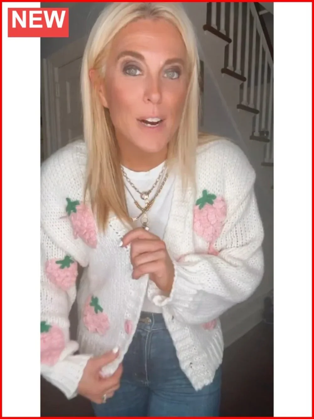 Strawberry Embroidered Chunky Knit V Neck Cardigan Button Down Women's